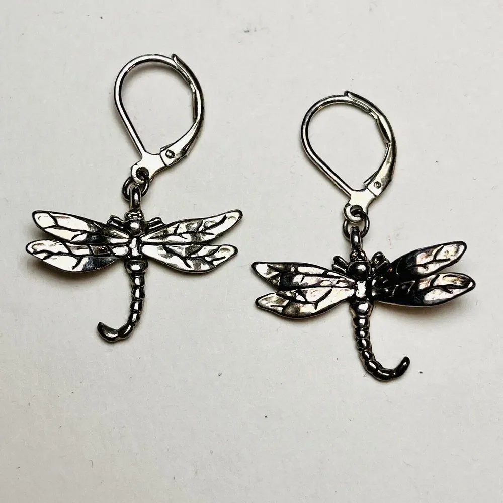 Large Dragonfly Brooch / Pendant & Earrings Set Silver Tone Unsigned Rhinestones